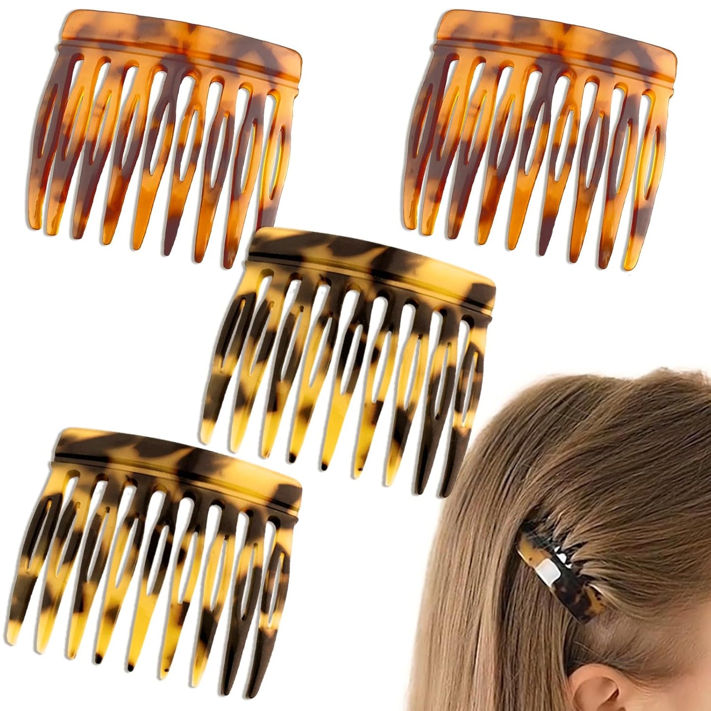 French Hair Comb Clips - 4 PCS Tortoise Shell Side Combs for Up-Do Styling | Brown