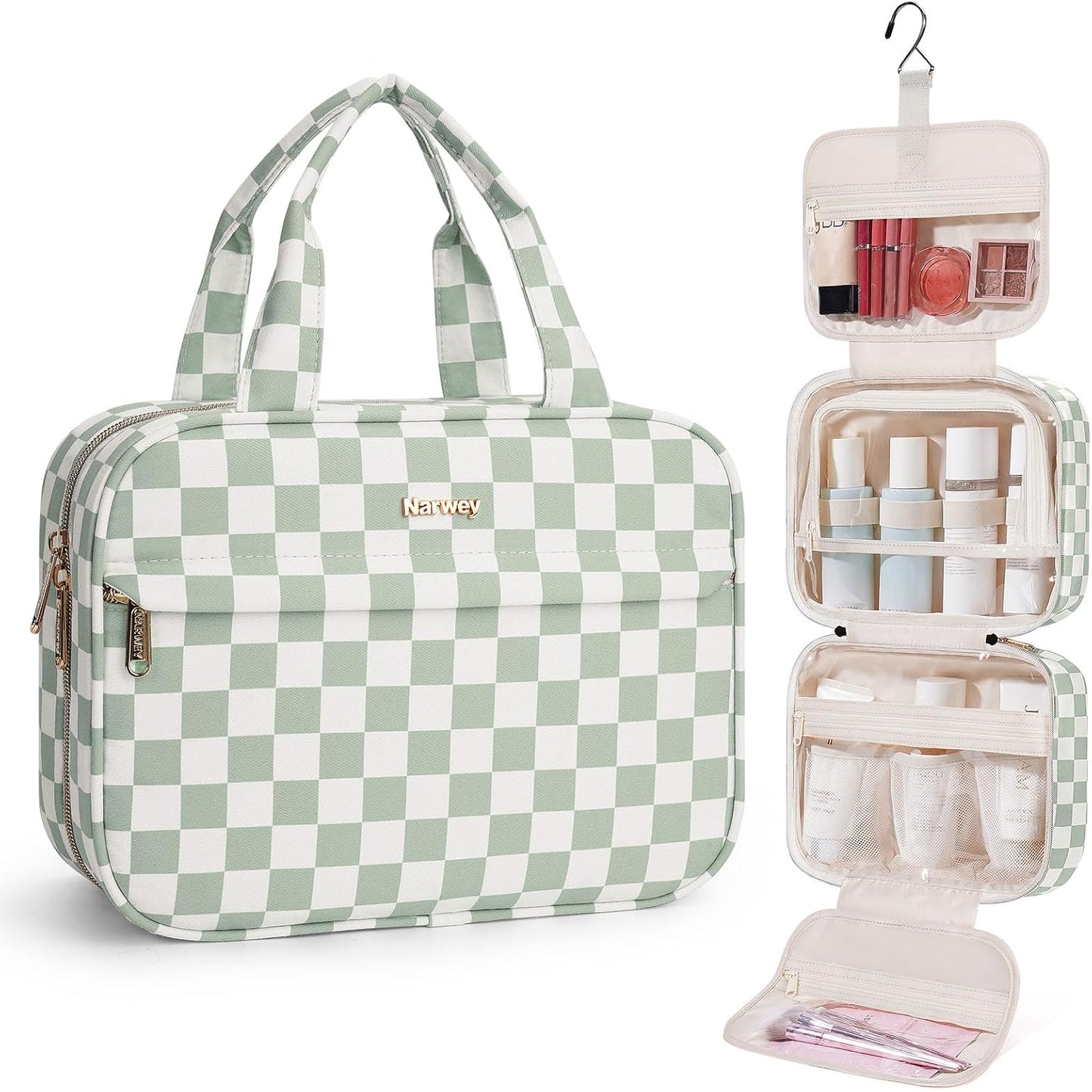 Hanging Toiletry Bag for Women - Checkered Travel Makeup Organizer | Mint Green Checkerboard, Medium Size