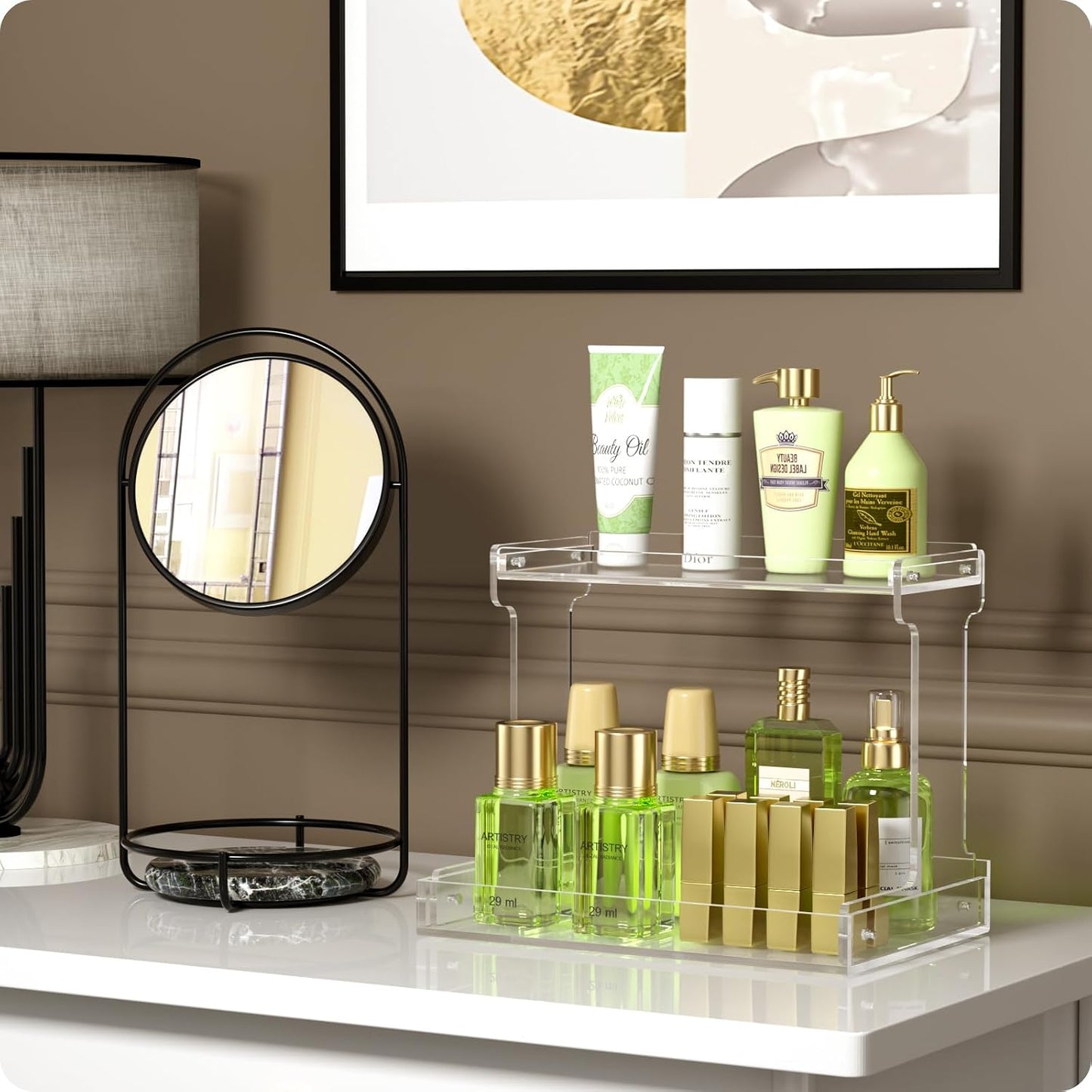 Clear Acrylic Bathroom Countertop Organizer - 2-Tier Storage Shelf for Makeup & Spice | Versatile Vanity Tray