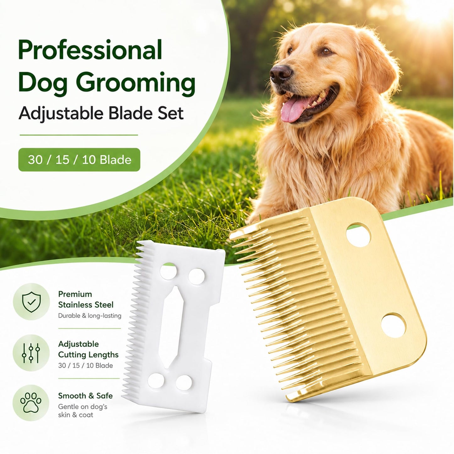 Clippers Blades Replacement Compatible with Wahl 30-15-10(#1037-400),Professional Animal Standard Adjustable Blade Set,Ceramic Dog Blade Set,2 Set(Gold/Silver)