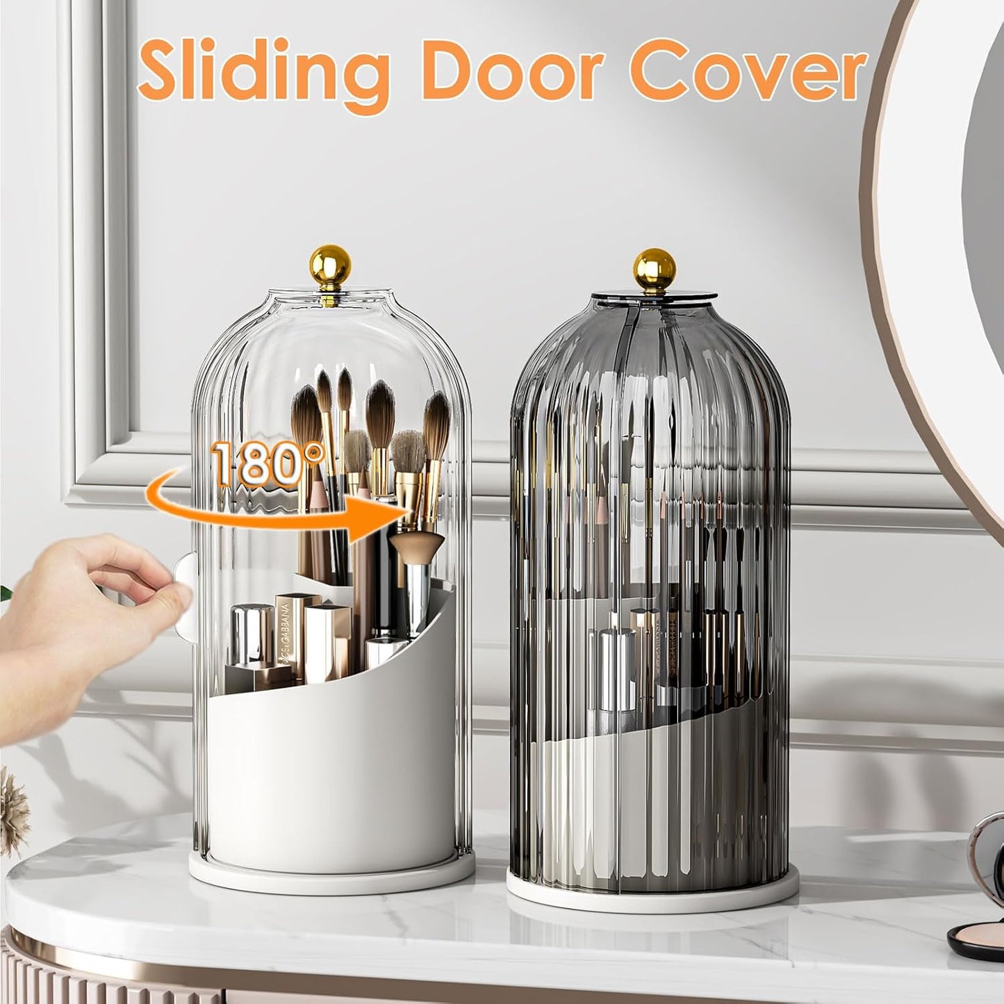 Makeup Brush Holder - 360 Rotating Clear Organizer with Lid for Vanity & Bathroom Countertop | Dustproof Design