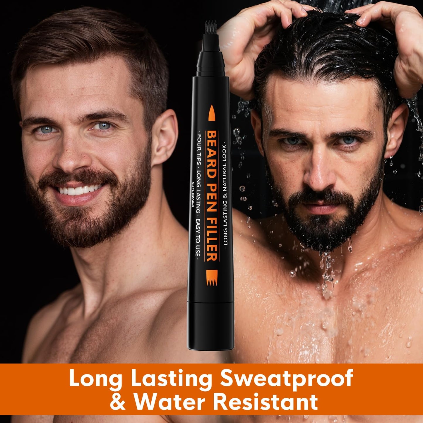 3-Pack Beard Pencil Filler for Men (Black), Four-fork Tip Beard Styling Pen, Waterproof Sweat Proof Long Lasting Beard Pencil,Effectively Enhances Facial Hair