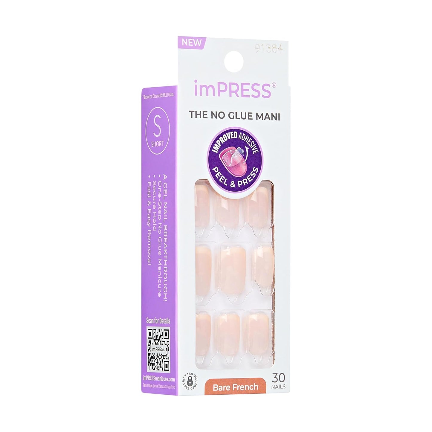 Kiss Impress Press-On Nails - Heroic Bare French Manicure Kit | 30 Light Neutral & White Squoval Short Nails with Improved Adhesive