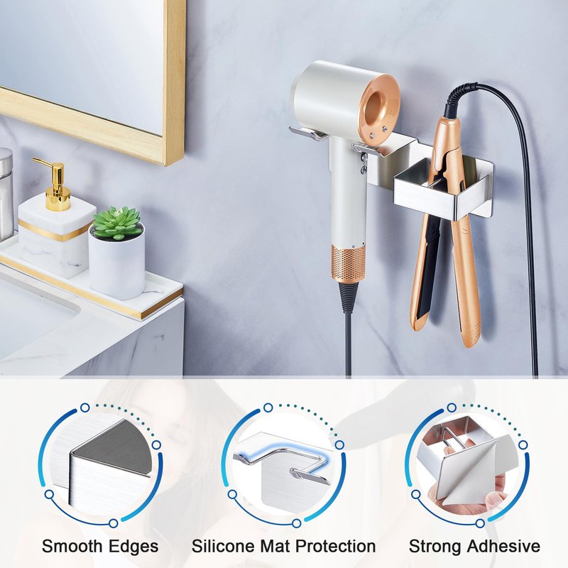 Hair Dryer Holder Wall Mounted, Hair Straightener Holder Metal, Adhesive Blow Dryer and Hair Straightener Holder, Bathroom Bedroom Hair Tool Organizer for Flat Iron,Curling Iron,Hairdryer (Sliver)