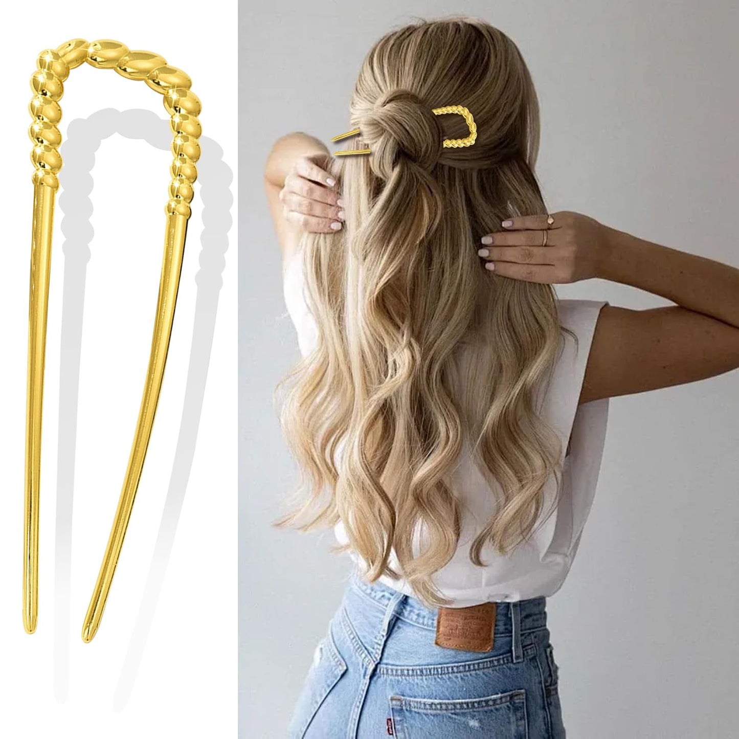 3pcs Metal French Hair Pins,U-Shaped Long Chignon 2 Prong Sticks for Buns, French Twist Hair Pin, Hair Sticks, Hair Fork