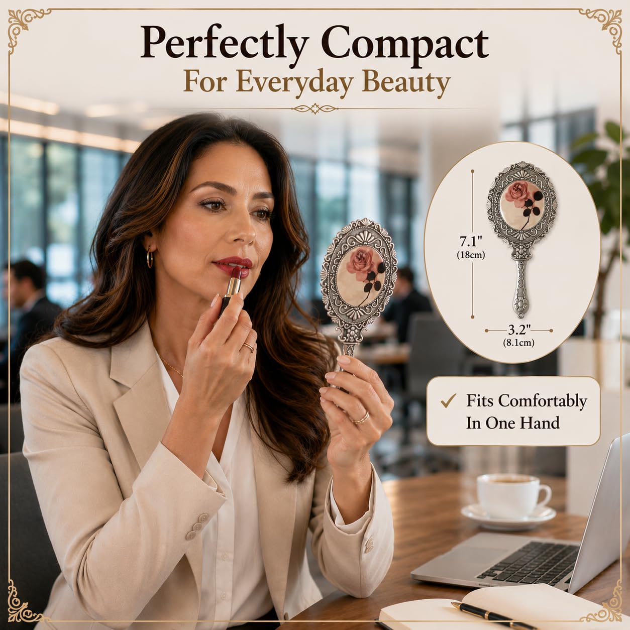 SEHAMANO Hand Mirror with Handle Compact Handheld Makeup Mirror Rose Cosmetic Clear Mirror (Matt Silver (Tin))