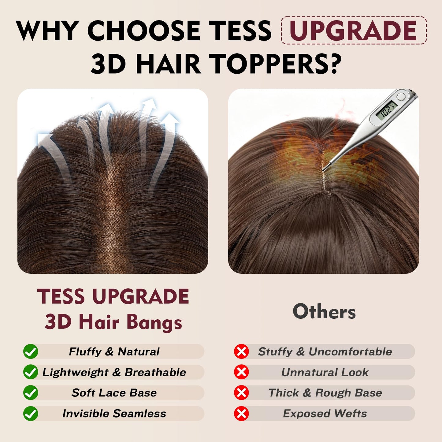 Human Hair Toppers for Women,TESS Hair Toppers for Women Real Human Hair,Clip in Bangs,Invisible 3D 360°Full Cover Middle Part Side Bangs 2.8"*4.3"Lace Base 11 inches 14g #02 Dark Brown