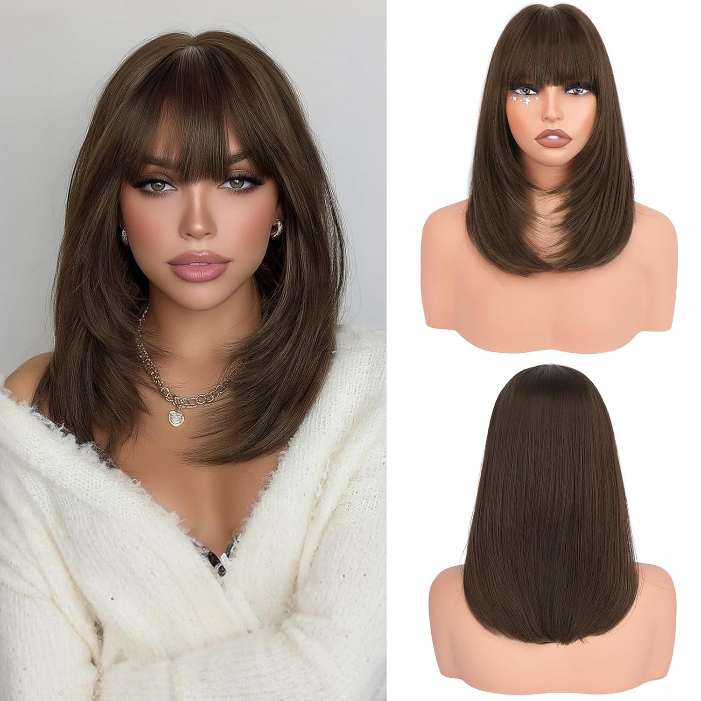 Blonde Bob Wigs with Bangs - Shoulder Length Straight Synthetic Hair | 16 Inch Platinum Blonde