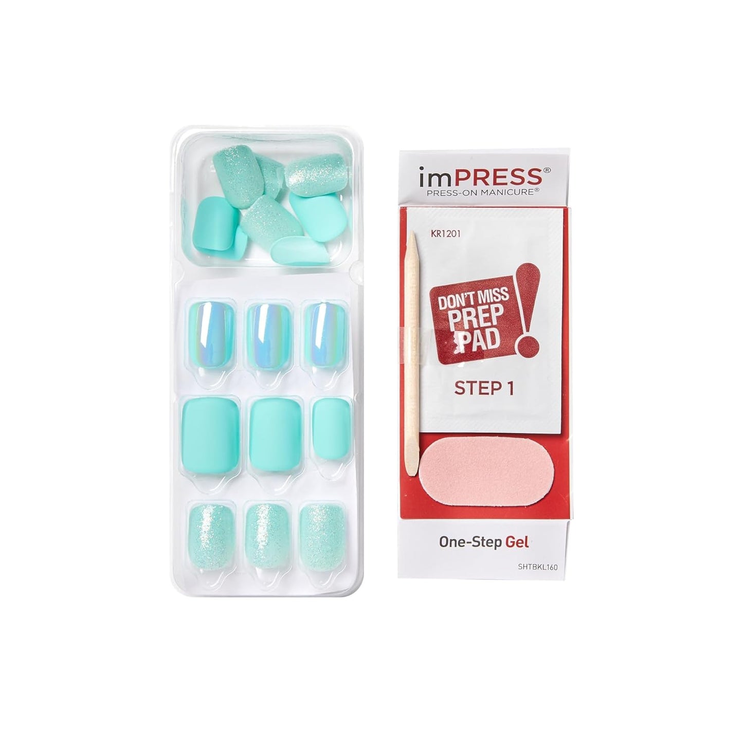 Kiss Impress No Glue Mani Press-On Nails - 'Rain Check' Blue Squoval Design | Short Size, 30 Nails & Accessories