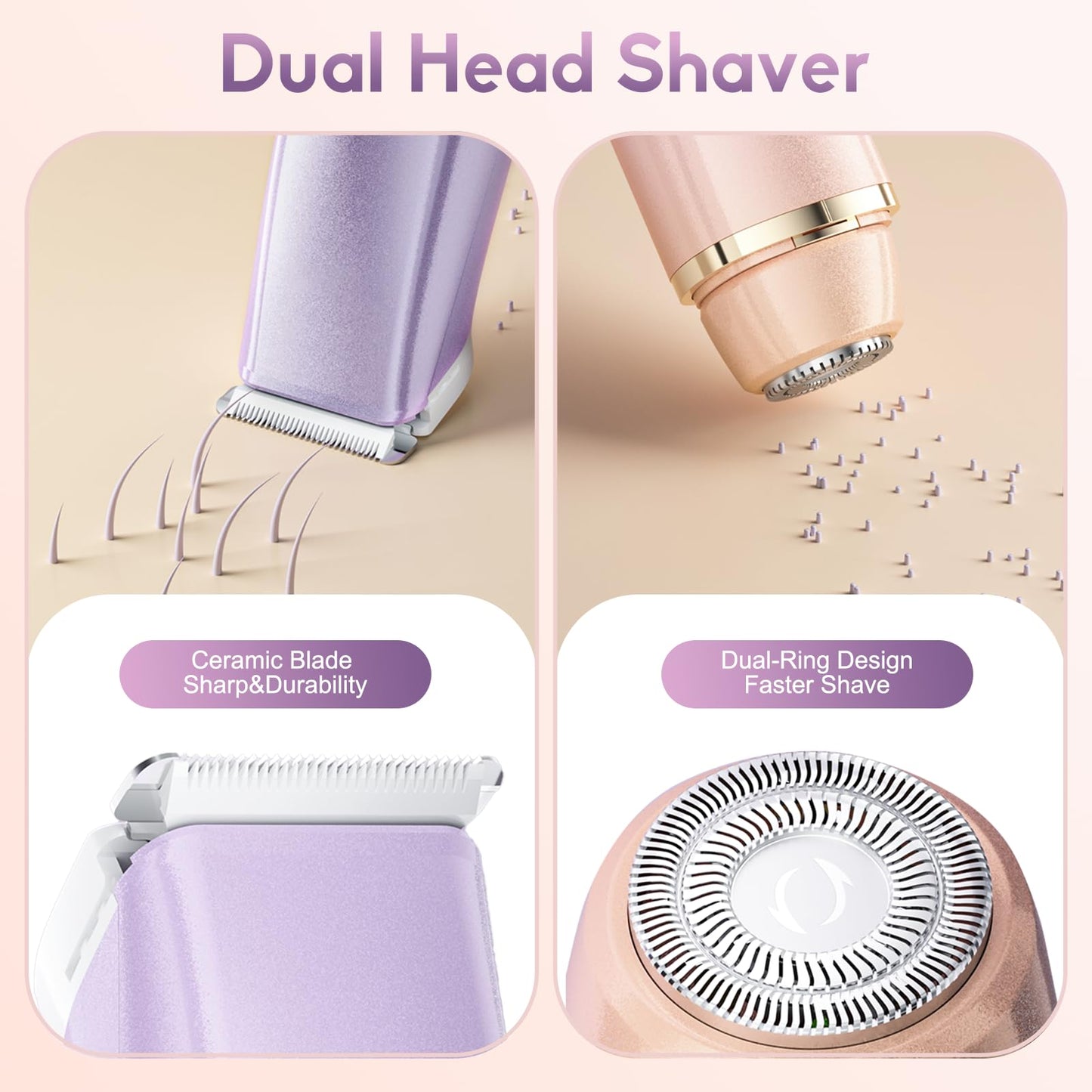 Bikini Trimmer for Women, 2 in 1 Women Electric Shaver Dual Head, Rechargeable Pubic Hair Trimmer with Waterproof, Painless Silk Glide Pro Shaver for Underarm Leg Arm Body Face Private Area