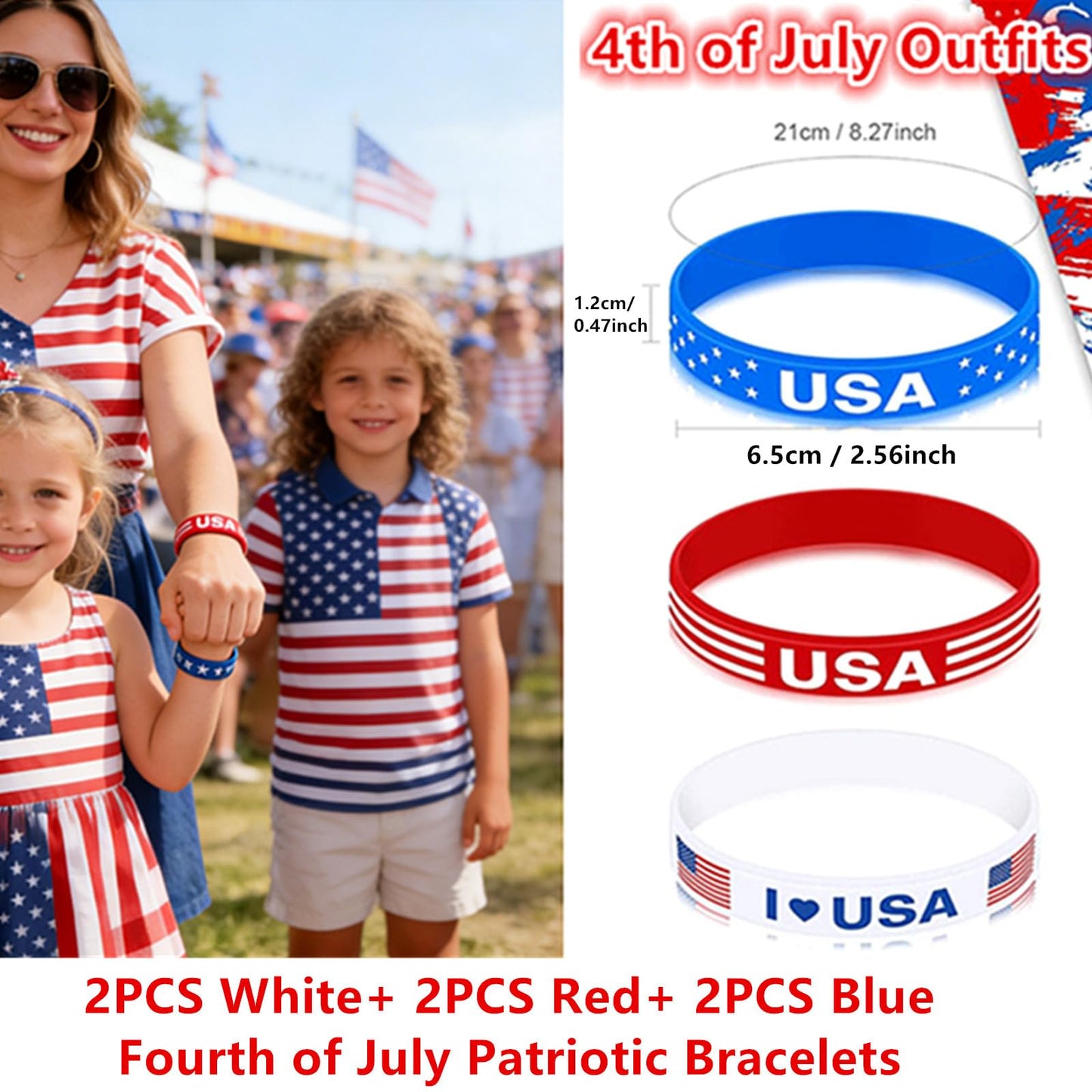 Go Ho 4th of July Outfits for Women Men:6 Pack Silicone Bracelets,4th of July Accessories,Patriotic USA Flag Red White and Blue Rubber Wristbands for 250 Anniversary USA Independence Day