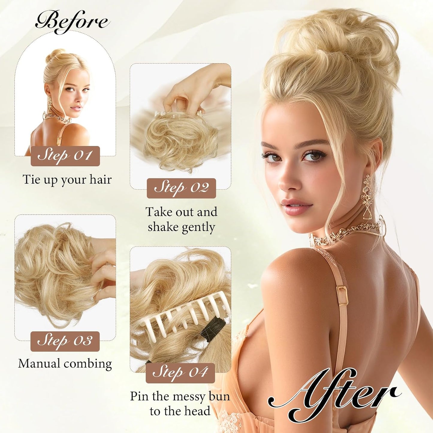 Human Hair Bun Clip | 100% Real Wavy Curly Chignon Hair Piece - Light Brown & Blonde Mix