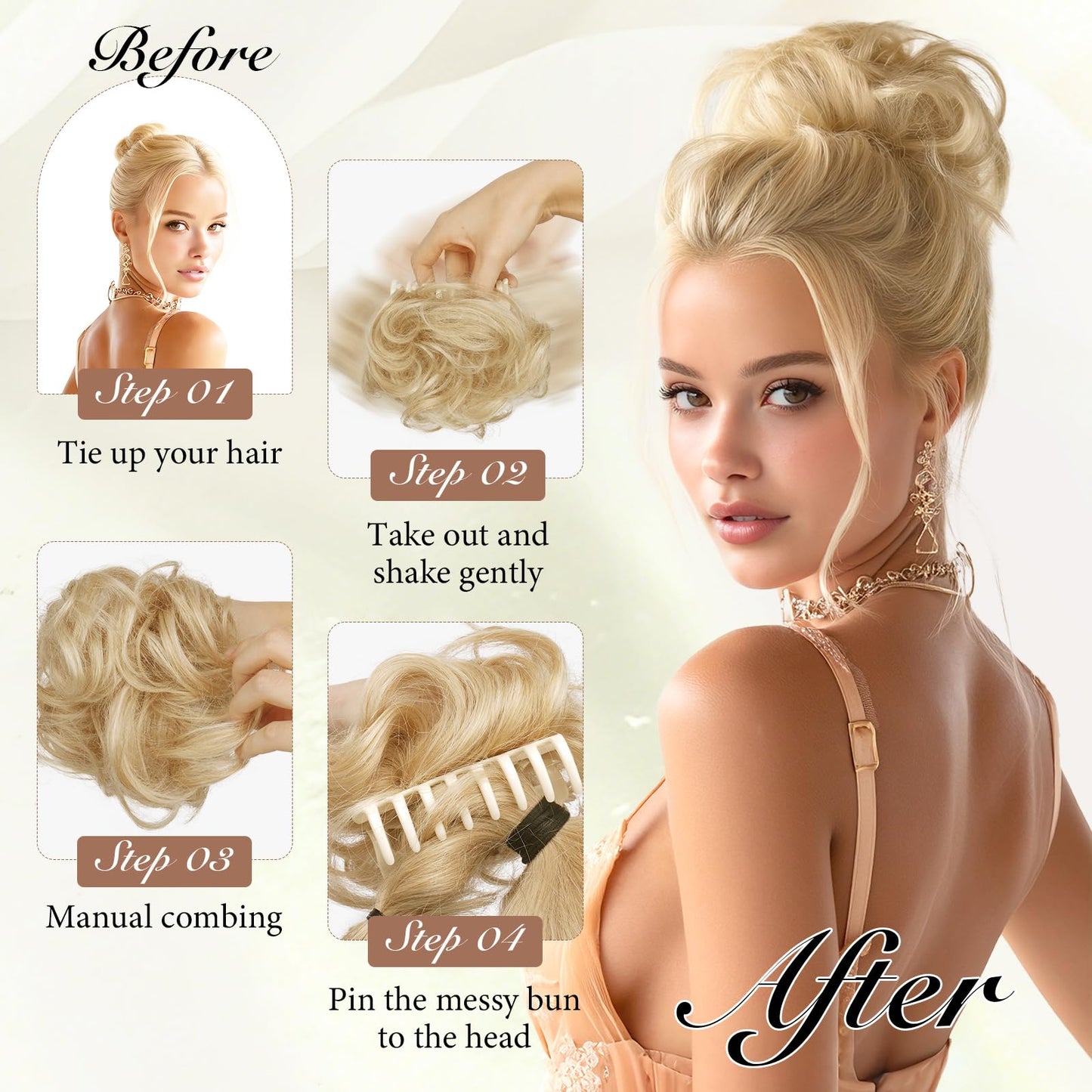 SOFEIYAN Human Hair Bun 100% Real Human Hair Claw Clip Messy Bun Hair Piece Natural Wavy Curly Chignon Hair Bun Extensions Tousled Updo Fake Bun Hair Piece for Women - Light Brown Mixed Light Blonde