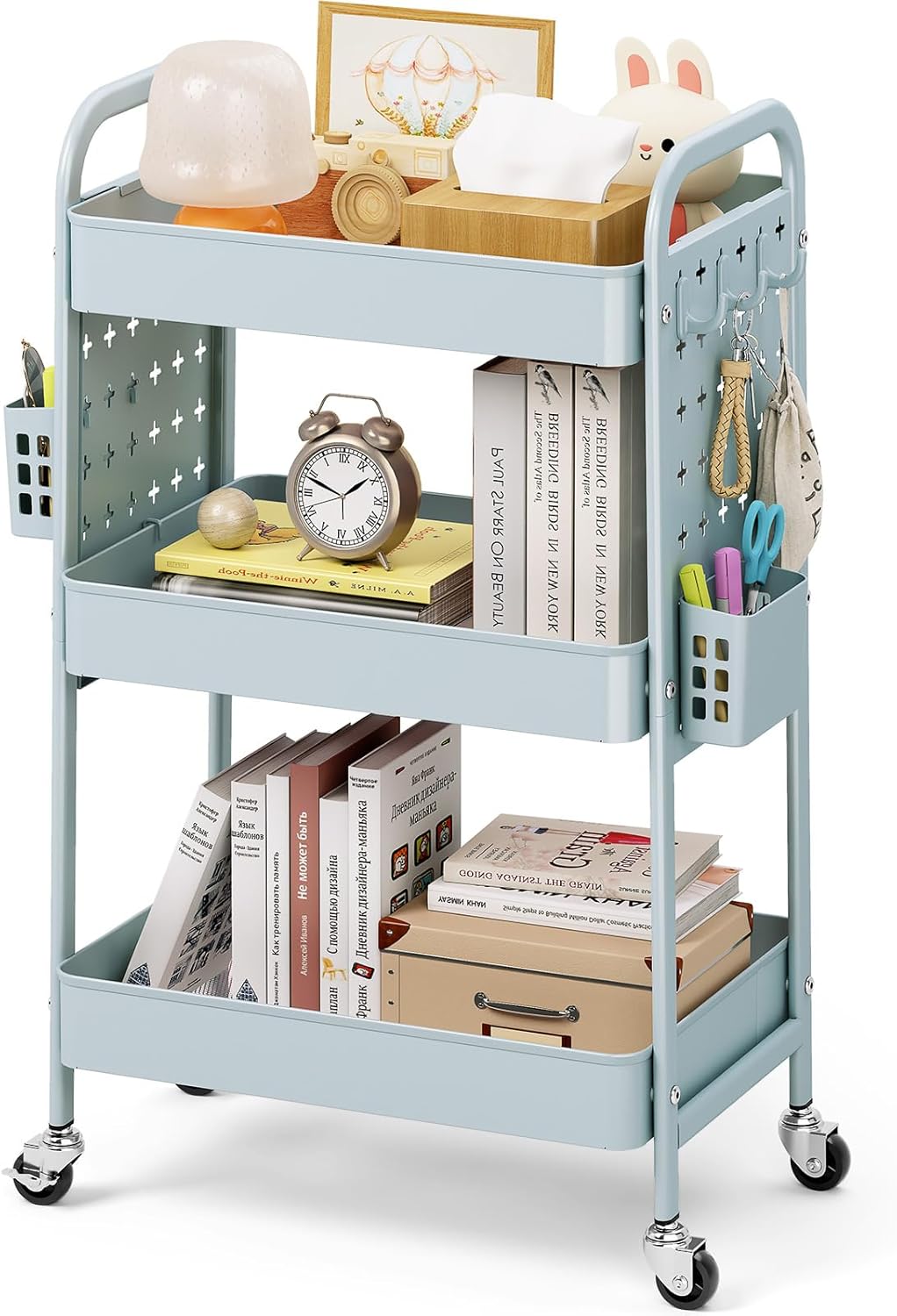 3 Tier Rolling Cart with DIY Pegboard - Metal Utility Cart with Wheels, Hooks & Baskets | Sturdy Storage Organizer for Craft, Bathroom, Kitchen, Office, Nursery, Classroom (Pink)