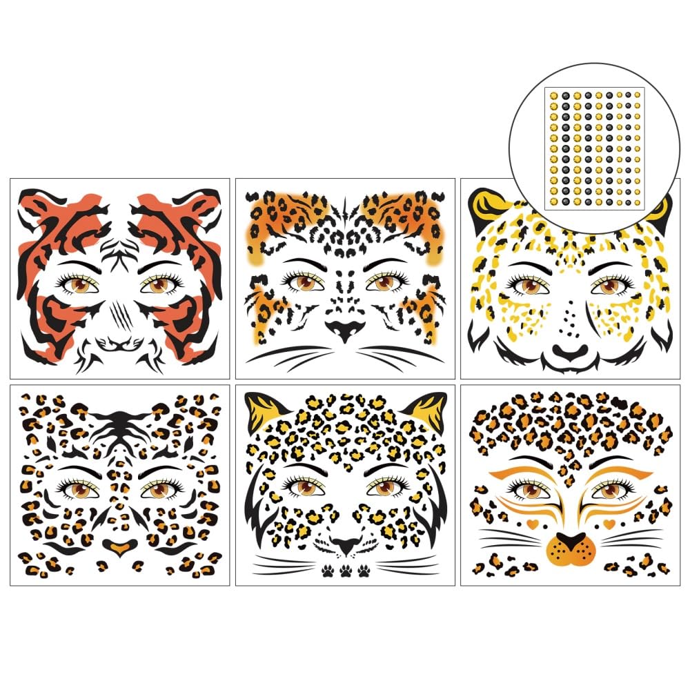 Leopard Print Temporary Tattoos - Realistic Animal Face Stickers | Waterproof Body Art, 6 Sheets