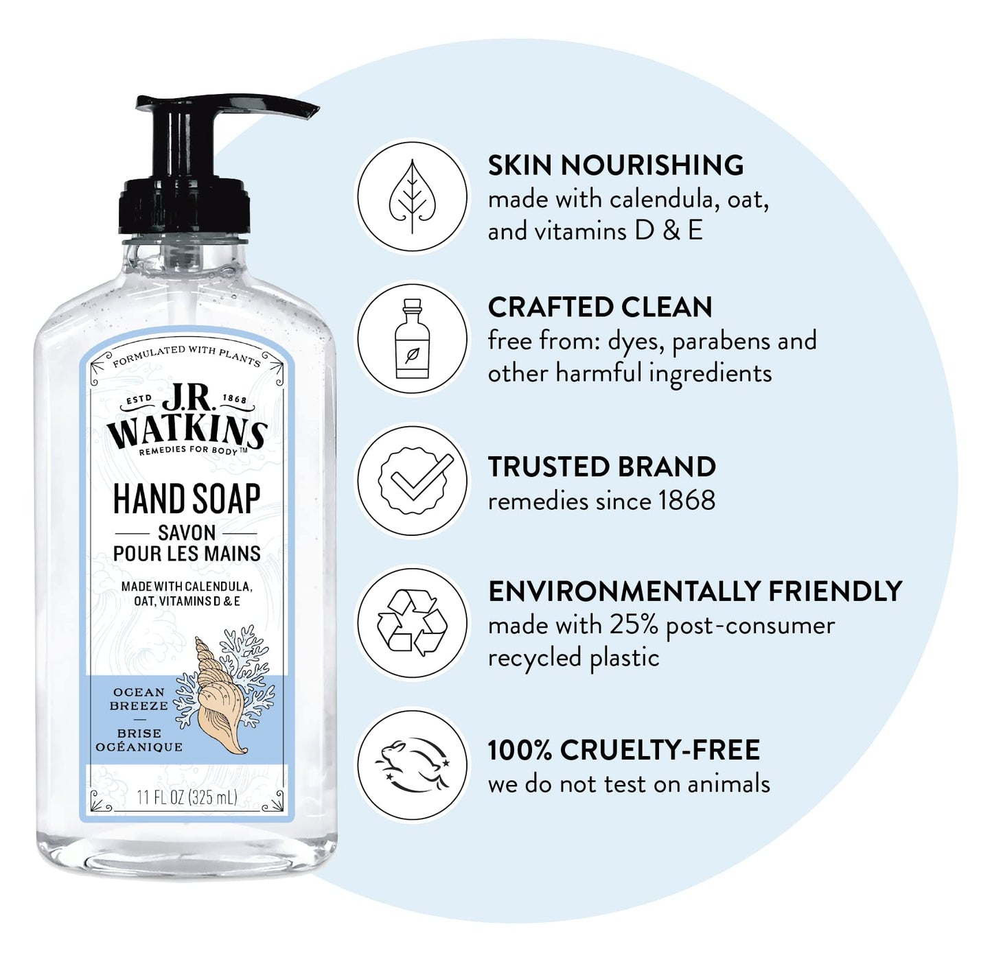 J.R. Watkins Gel Hand Soap, Scented Liquid Hand Wash for Bathroom or Kitchen, USA Made and Cruelty Free, 11 fl oz, Ocean Breeze, 3 Pack