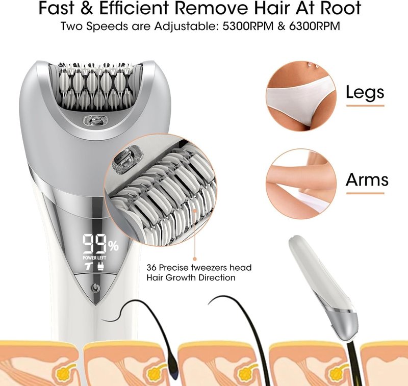 Epilator for Women, 7 in 1 Hair Removal Epilator, Electric Shaver for Women, Facial Brush, Face Massage and Body Exfoliator, IPX6 Waterproof Lady Razor for Whole body.