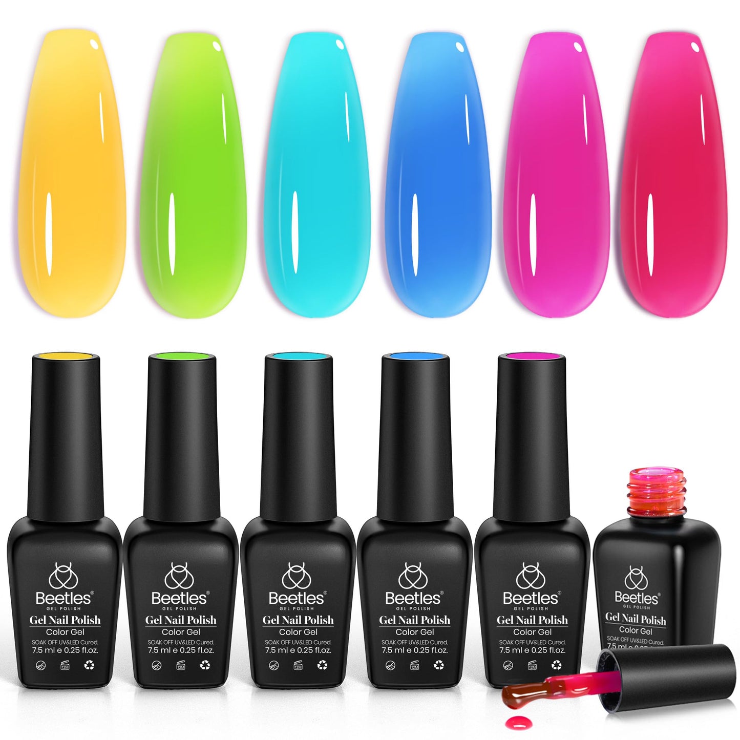 Beetles Neon Gel Nail Polish Set - 6 Colors Summer Jelly Gel Nail Polish Kit Hot Pink Red Blue Yellow Green Sheer Transparent Effect French Nail Art Tropical Glow Series Manicure Gift for Women