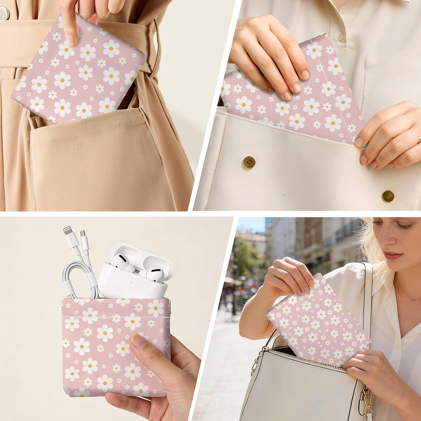 Makeup Bag Set - 2 PCS PU Leather Cosmetic Organizer | Portable Self-Closing Coin Purse for Women - Pinkish-White Flowers