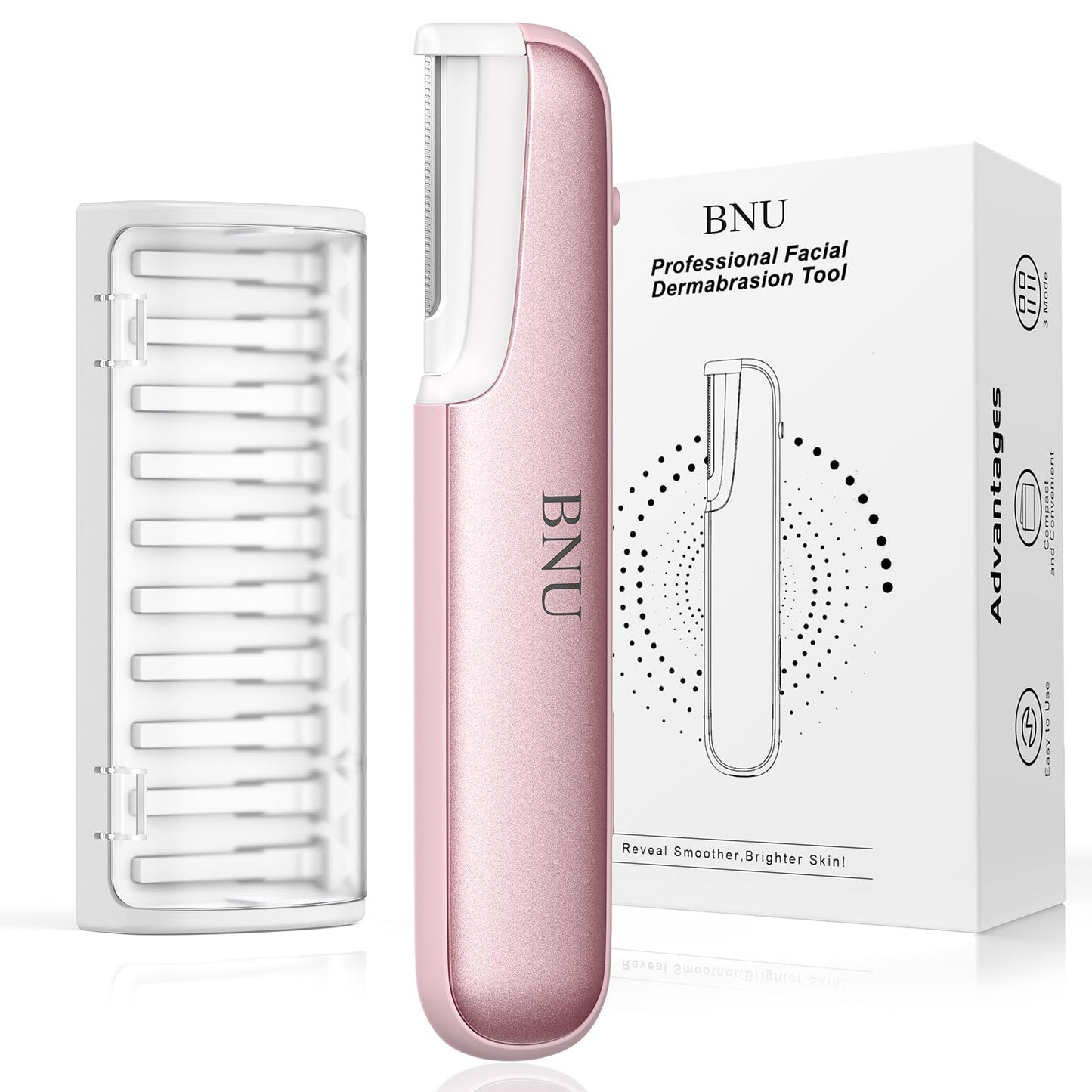 Dermaplane Razor for Women Face, BNU Facial Hair Remover for Anti-Aging, Rechargeable, LED Light, Sonic Edges, 3 Speeds, Ergonomic Handle Face Dermaplaning Tool 10 Blades Pink