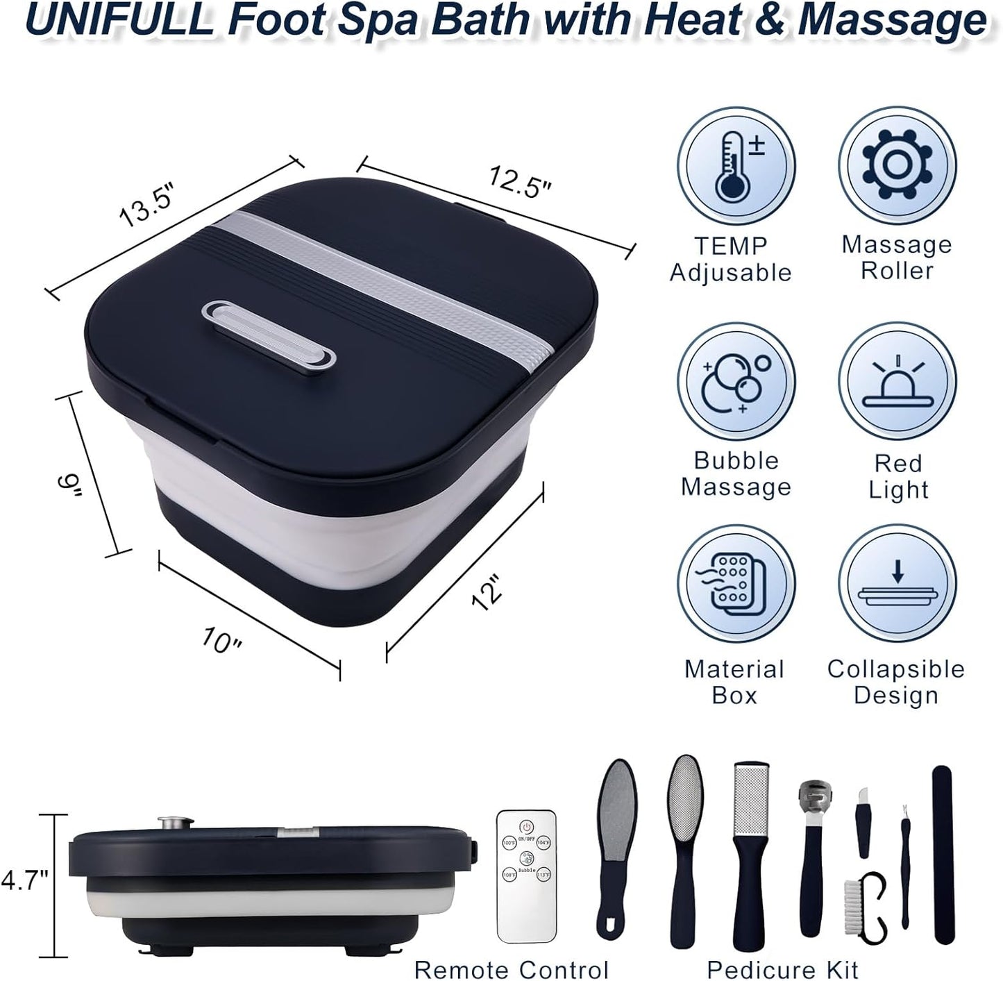 Collapsible Foot Bath Spa with Heat & Remote Control - Massage Rollers & Red Light | Perfect Foot Pedicure Kit