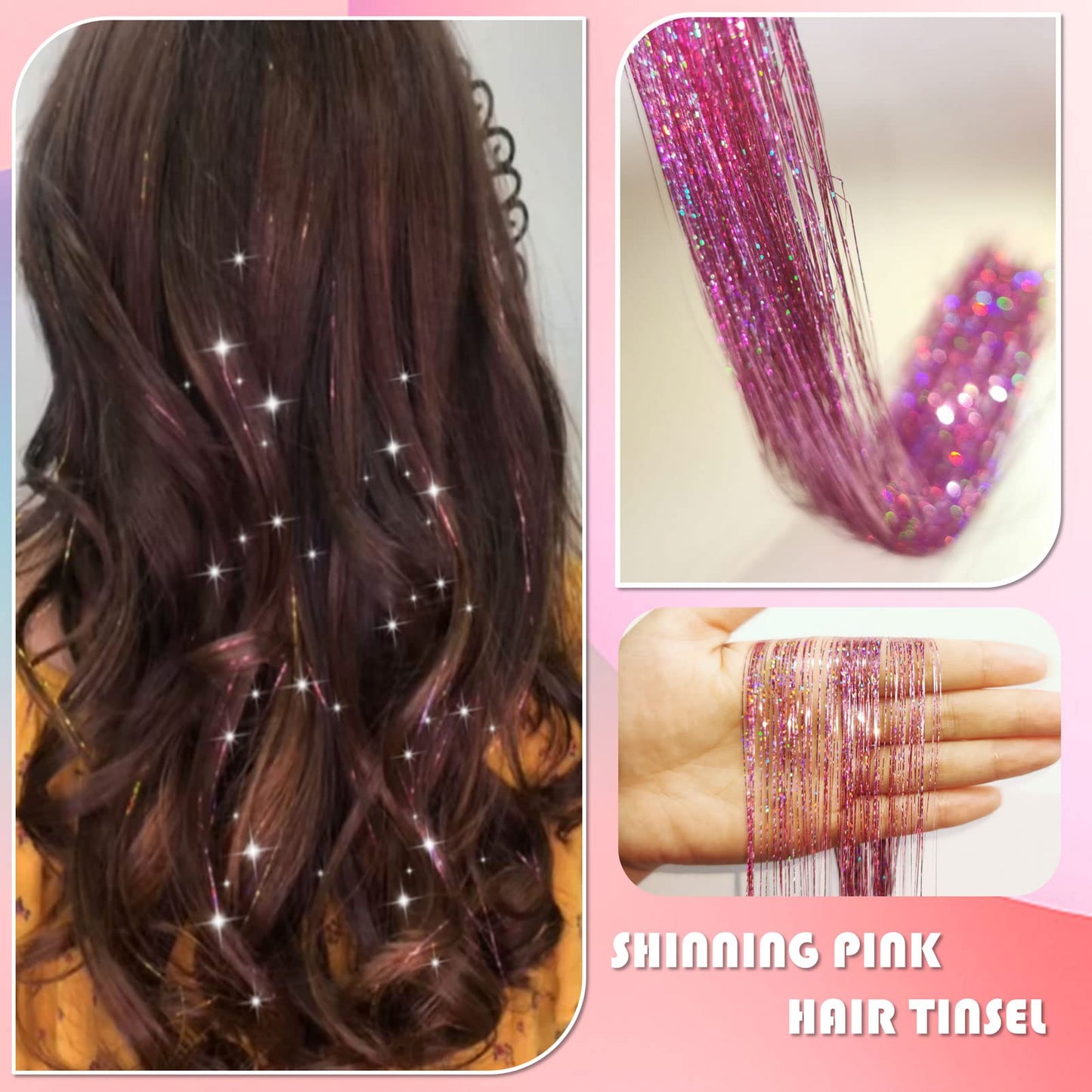 Hair Tinsel Kit with Tools and Instruction Easy to Use 1000 Strands 47 Inches Glitter Tinsel Hair Extensions for Women and Girls, Sparkling Shinny Fairy Hair Accessories for Christmas New Year Halloween Cosplay Party (Pink)