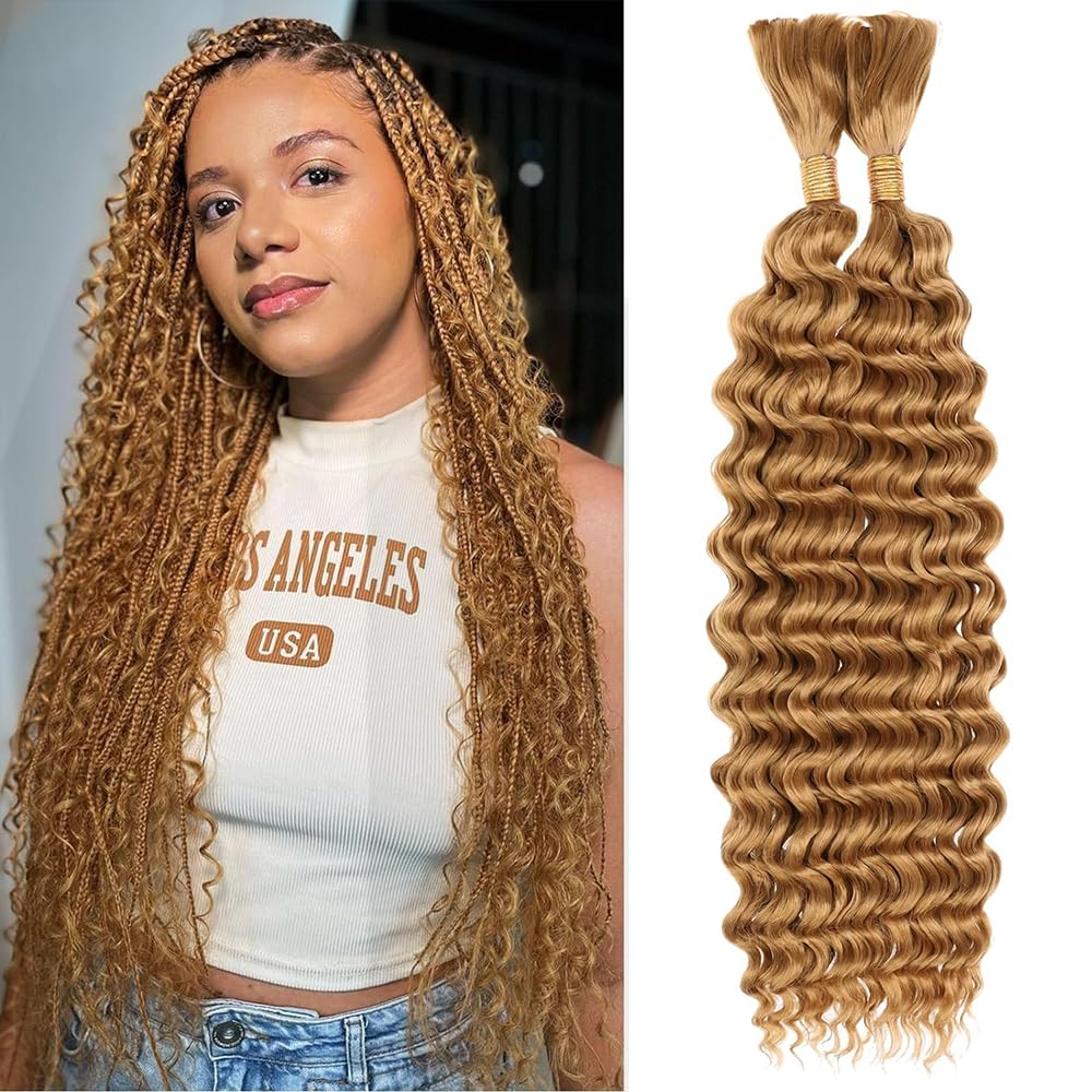 #27 Boho Hair For Braiding Deep Wave Human Braiding Hair 100g 26 Inch Blonde Bulk Human Hair Braiding Hair for Boho Braids Knotless 12A Water Wave Bohemian 2 Bundles