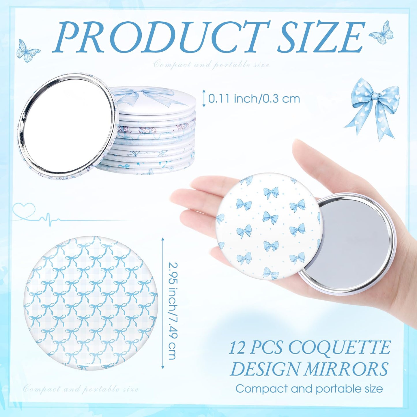Cinnvoice 12 Pcs Bow Party Favor Gift Mini Compact Mirror,Blue