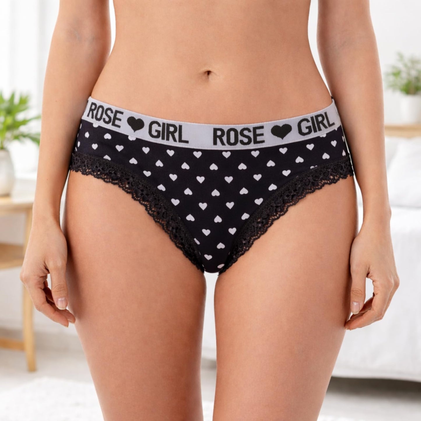 Women’s Cotton Bikini Underwear, 1 Pack Letter Waistband Panties with Lace Trim, Soft Breathable Sports Briefs Black