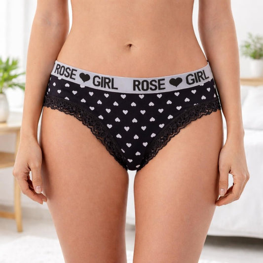 Women’s Cotton Bikini Underwear, 1 Pack Letter Waistband Panties with Lace Trim, Soft Breathable Sports Briefs Black