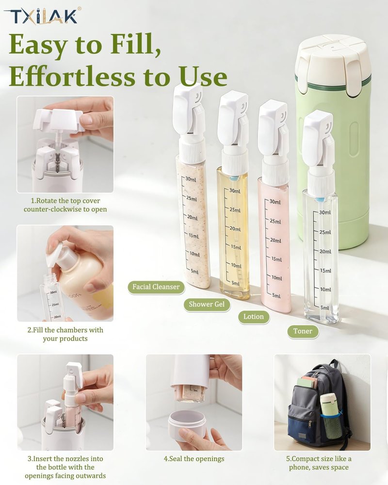 Travel Dispenser Bottle Set - 4 in 1 Refillable Cosmetic Containers | Leakproof Shampoo & Conditioner for Vacation Essentials