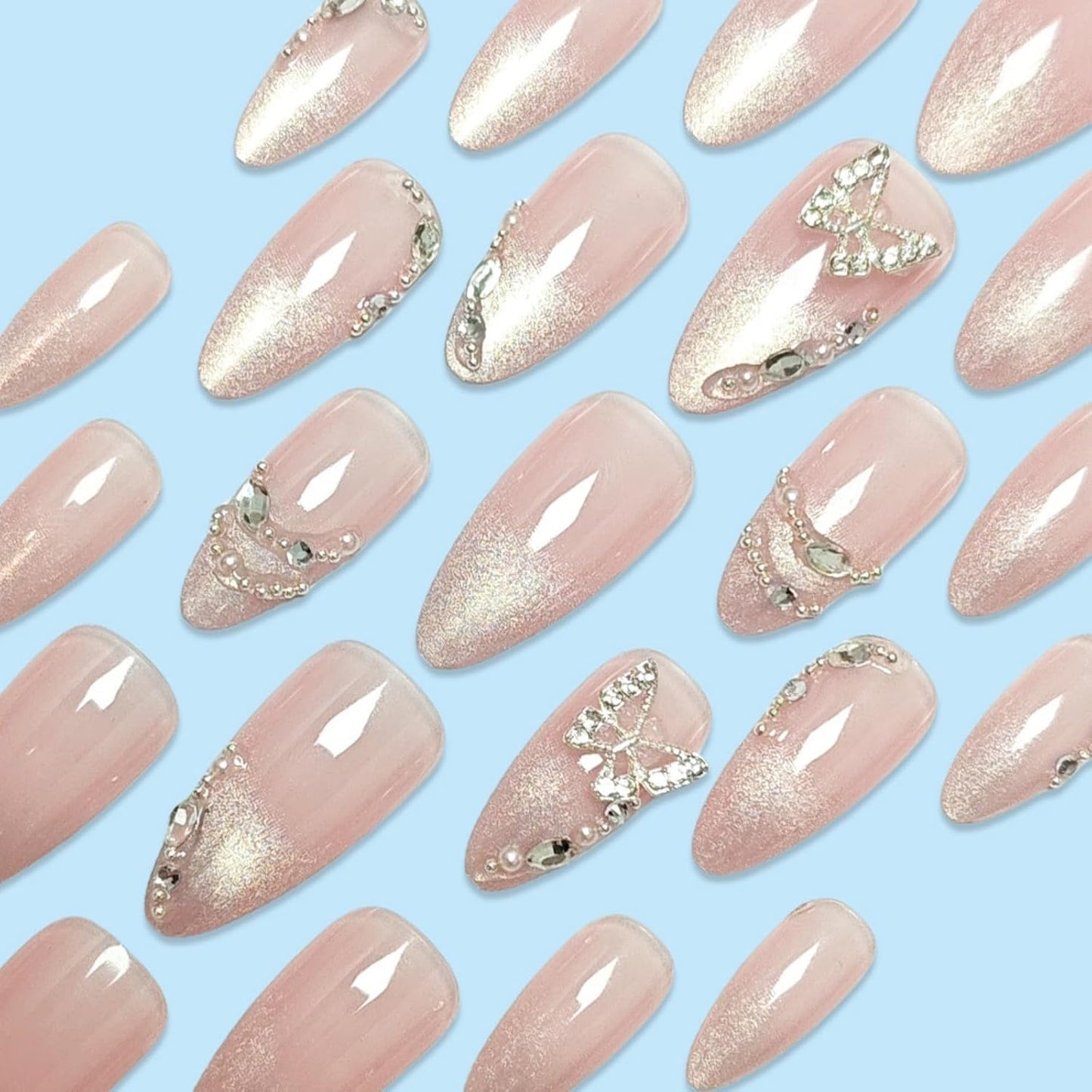 Almond Press-On Nails - Ombre French Tip with Butterfly Designs | 24 Pcs Set for Women