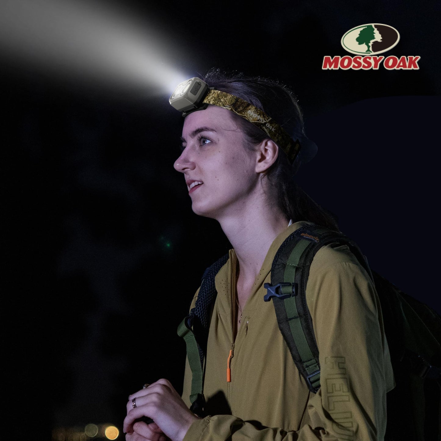 Mossy Oak 600 Lumens Rechargeable Headlamp, Lightweight LED Headlight with White & Red Light, Waterproof Head Lamp with Non-Slip Band, Dimmable & Memory Function for Hunting, Camping, Power Outage