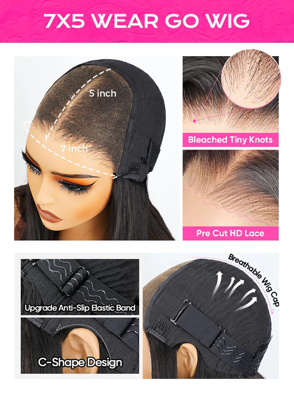 BLY Water Wave Bob Wig Human Hair 7x5 C Part Transparent Lace Wear and Go Glueless Wig Pre Cut Pre Bleached Knots 180% Density Short Wig for Women Natural Black 14 Inch