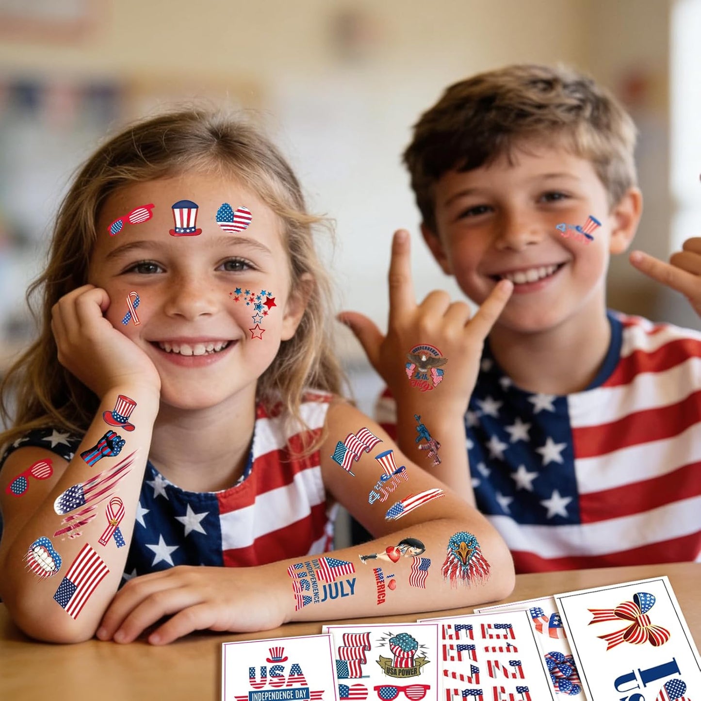 Waterproof 4th of July Temporary Tattoos for Kids | 20 Sheets of Patriotic Red, White & Blue USA Stickers with Flag & Fireworks