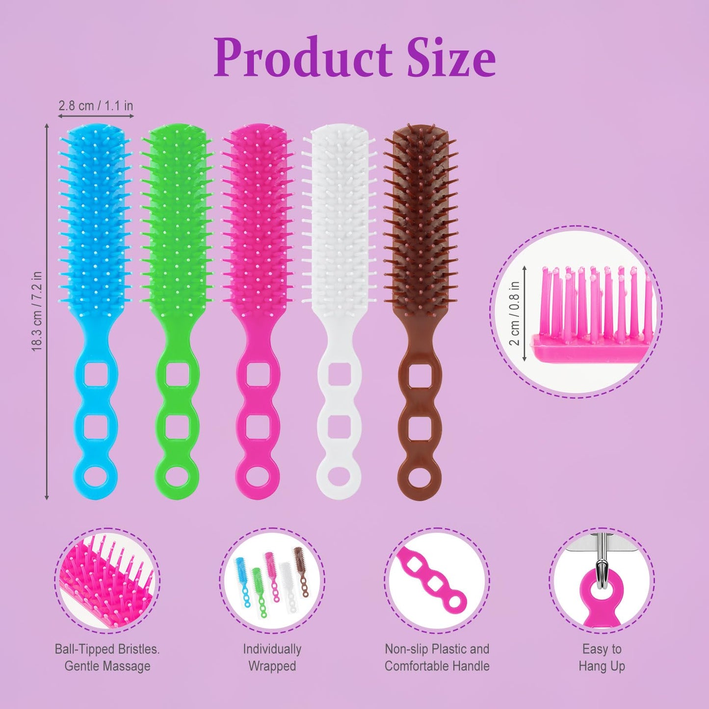 Hair Brushes in Bulk Individually Wrapped for Homeless,Plastic Hair Brush for Curly Wavy Hair,Detangling Hair Brush for Nursing Charity Hotel Shelter(Blue Rose Red White Green Brown) (Pack of 120)
