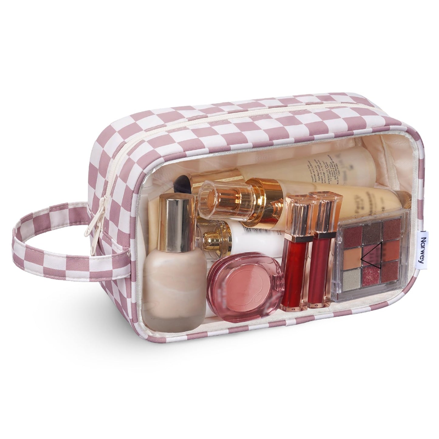 Narwey Clear Toiletry Bags for Traveling Women Men, Clear Travel Bags for Toiletries Makeup Bag Cosmetic Bag with Zipper, Make Up Organizer, Skincare Bag (Dusty Pink Checkerboard)