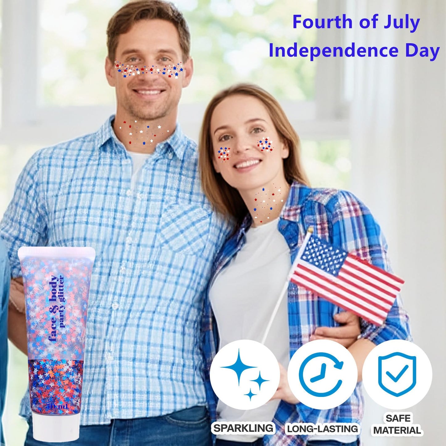 Go Ho 4th of July Accessories for Women Kids - Star Face Body Hair Glitter,Patriotic Red White and Blue Glitter Gel Sparkle Makeup for Independence Day 250 Anniversary USA