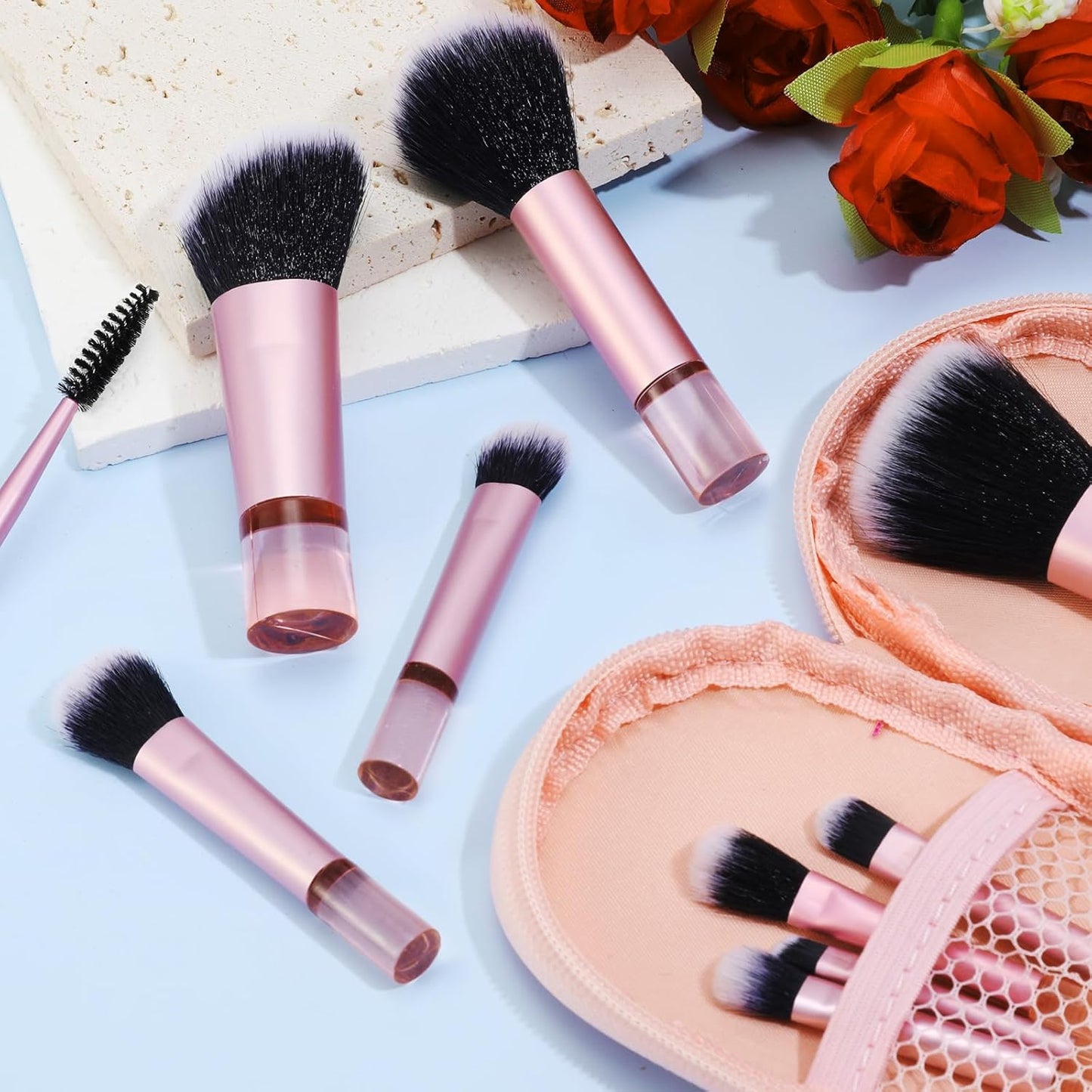 Travel Makeup Brushes Set - 10 Pcs Mini Portable Cosmetic Brushes with Pouch | Ideal for Women & Girls