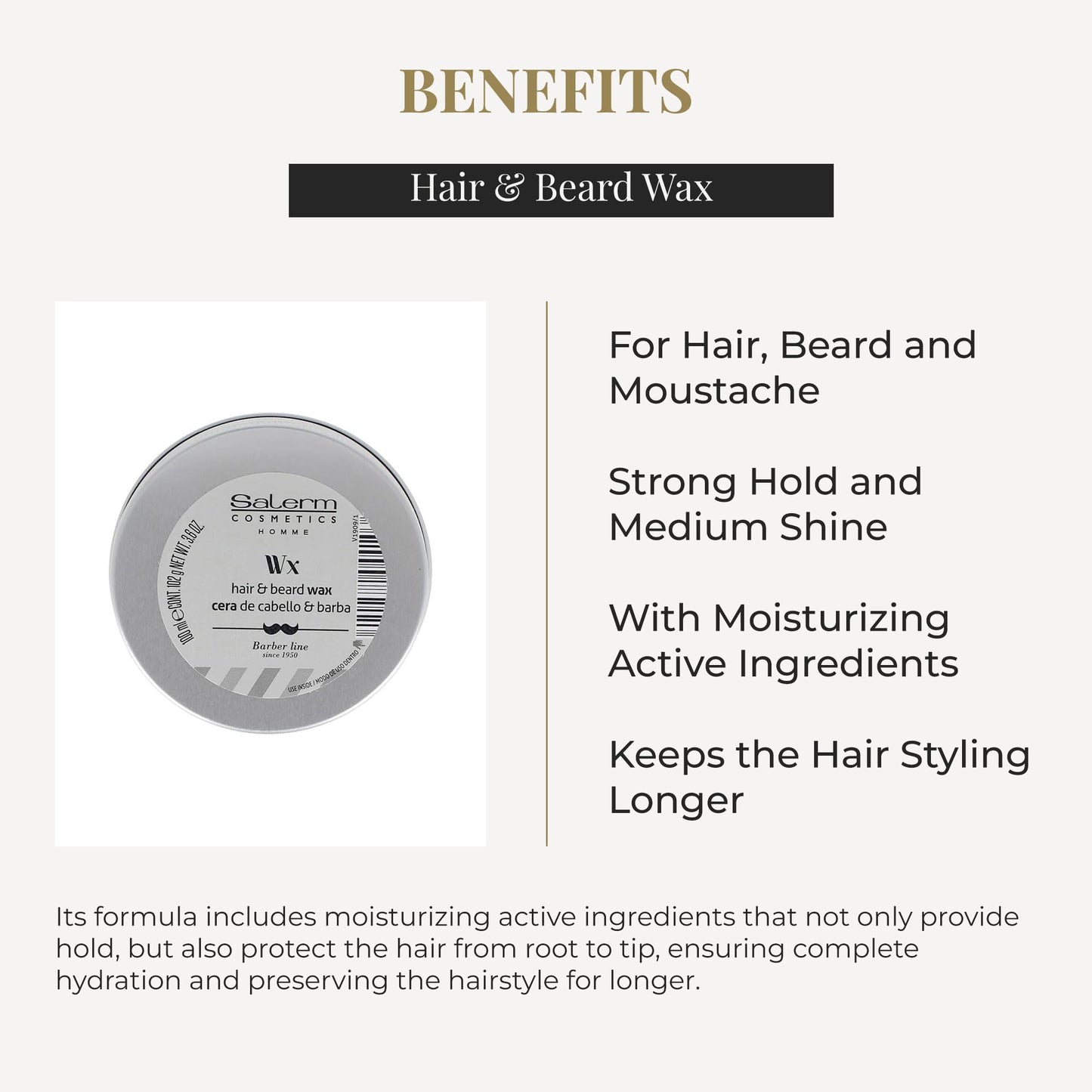 SALERM - Men's Hair Wax - Homme Barber Line - 100 ml - for Hair, Beard, and Mustache - Strong Hold and Medium Shine - with Hydrating Actives - Keeps Style Longer