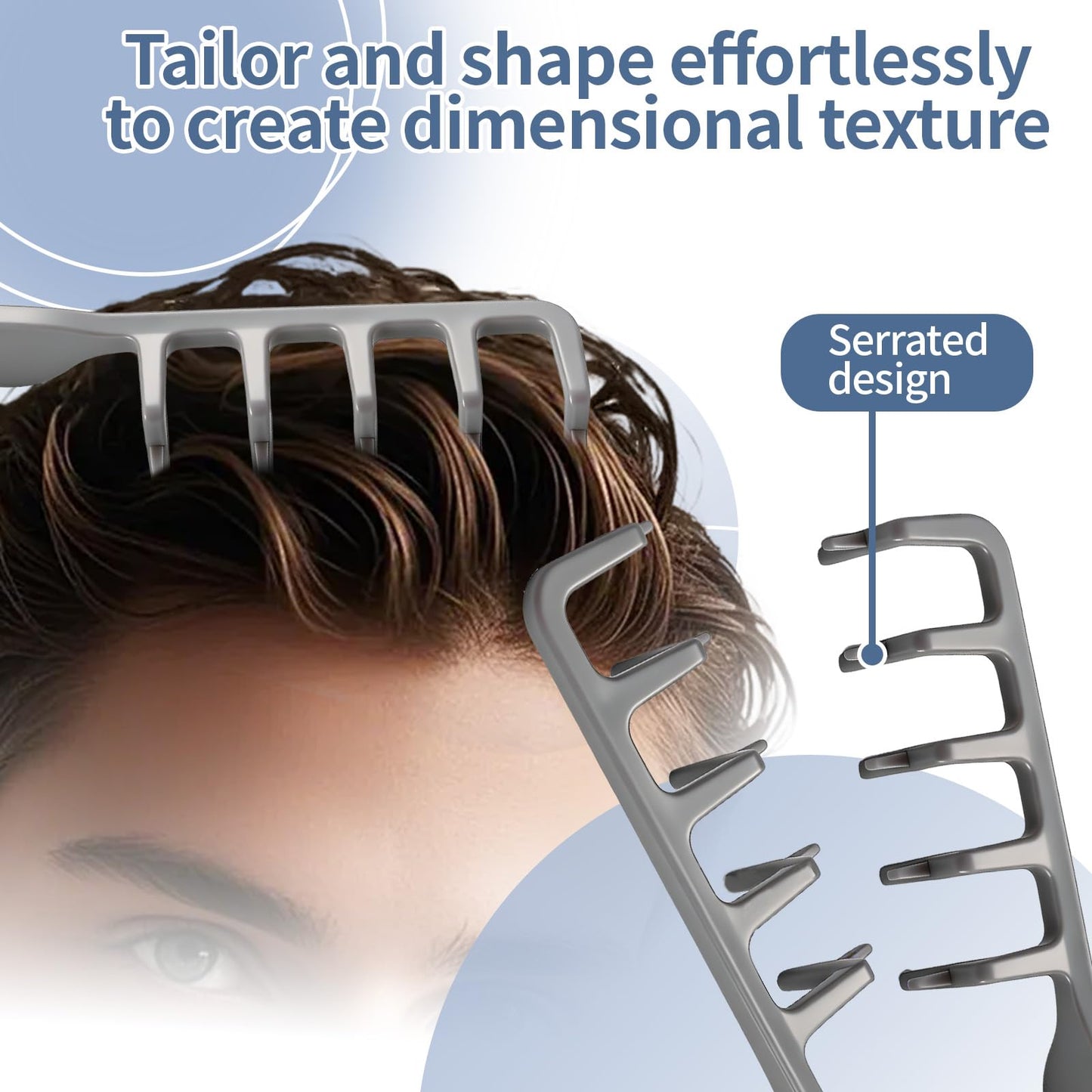 Voluminous Wide-Toothed Hair Comb Men's Fluffy Texture, ABS Plastic with Textured Grip, Grey