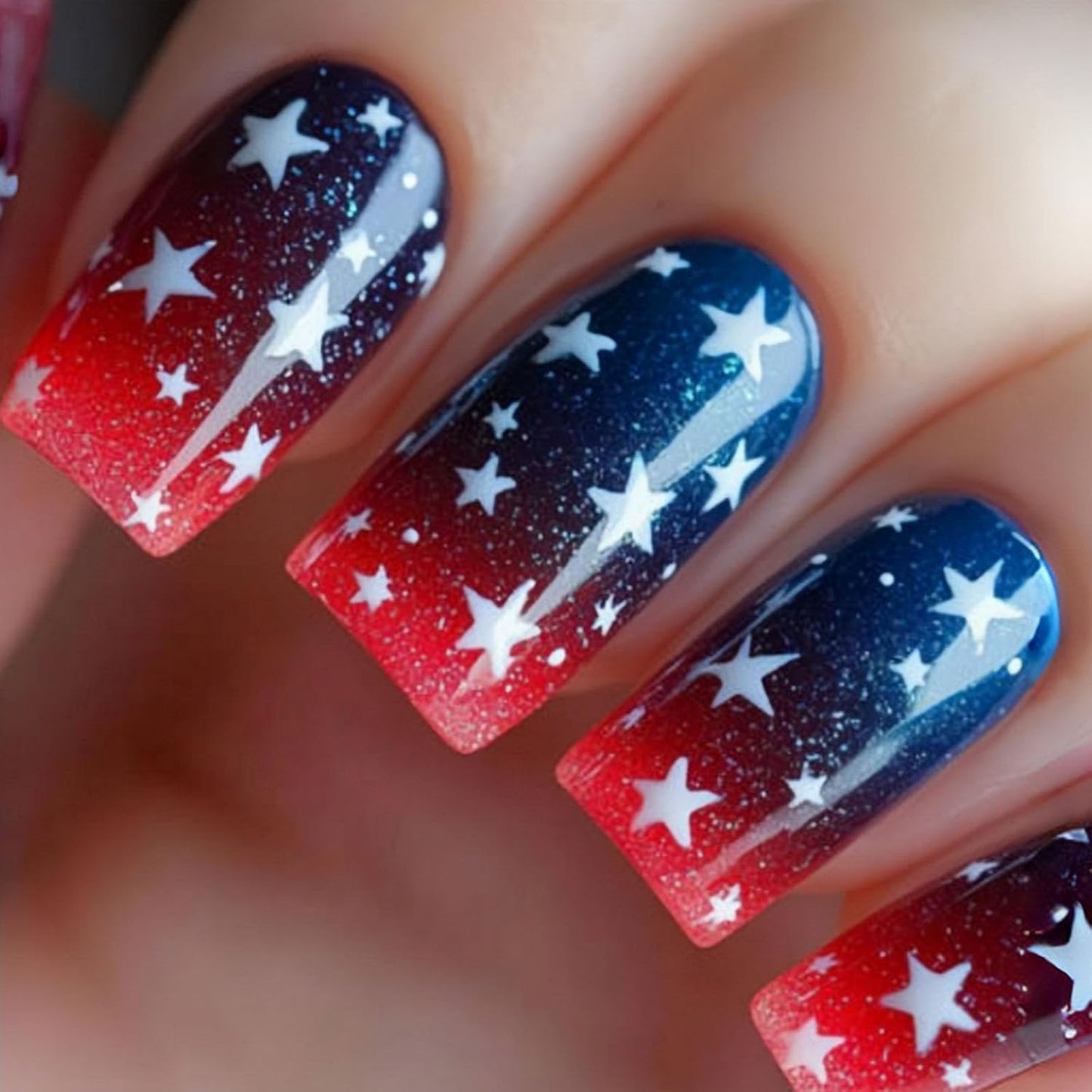 Press On Nails - Short Square Red, White & Blue Acrylic Nails with Glitter Stars | 4th of July Designs, 24 Pcs