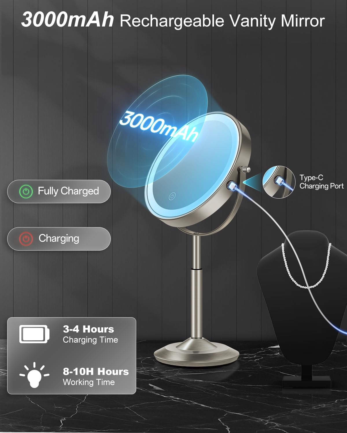 Makeup Mirror with Lights - 1X/30X Adjustable Magnifying Vanity Mirror | Rechargeable, Double-Sided, 3 LED Brightness Options