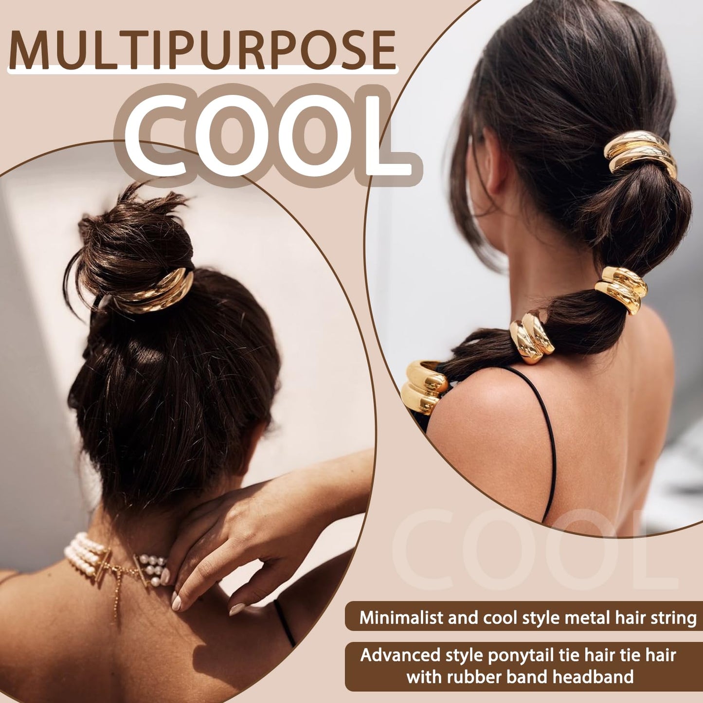 6Pcs Gold Hair Ties,Metal Hair Ties for Thick Hair,Damage Ponytail Holders,6 Styles Hair Accessories for Women