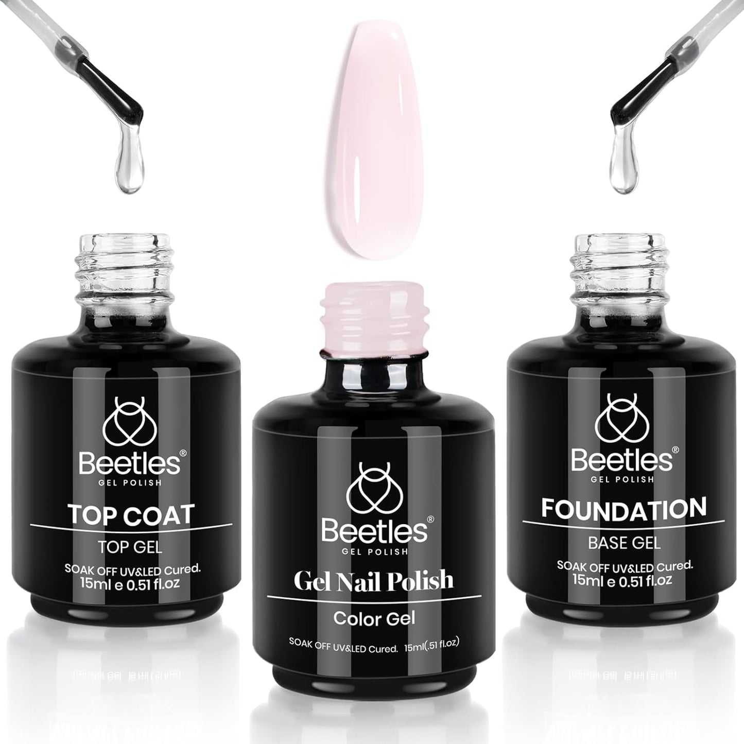 Beetles Gel Polish Set - 3 Pcs No Wipe Top & Base Coat | Long-Lasting Milky Pink 15ml Jelly Gel for Women