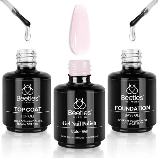 Beetles Gel Polish Set - 3 Pcs No Wipe Top & Base Coat | Long-Lasting Milky Pink 15ml Jelly Gel for Women