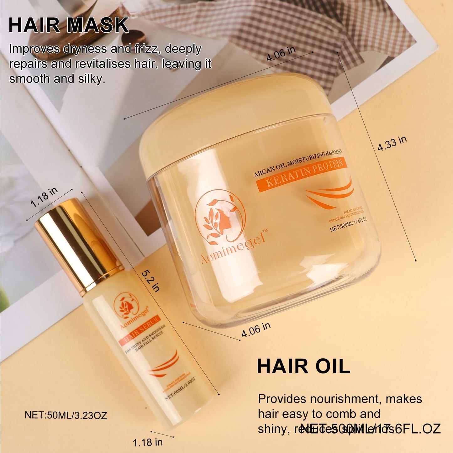 Aomimegel Hair Mask Argan Oil Set Deep Repair Conditioning Collagen Hair Treatment for Dry and Damaged Hair All Hair Types 16.9 fl oz + 2 fl oz