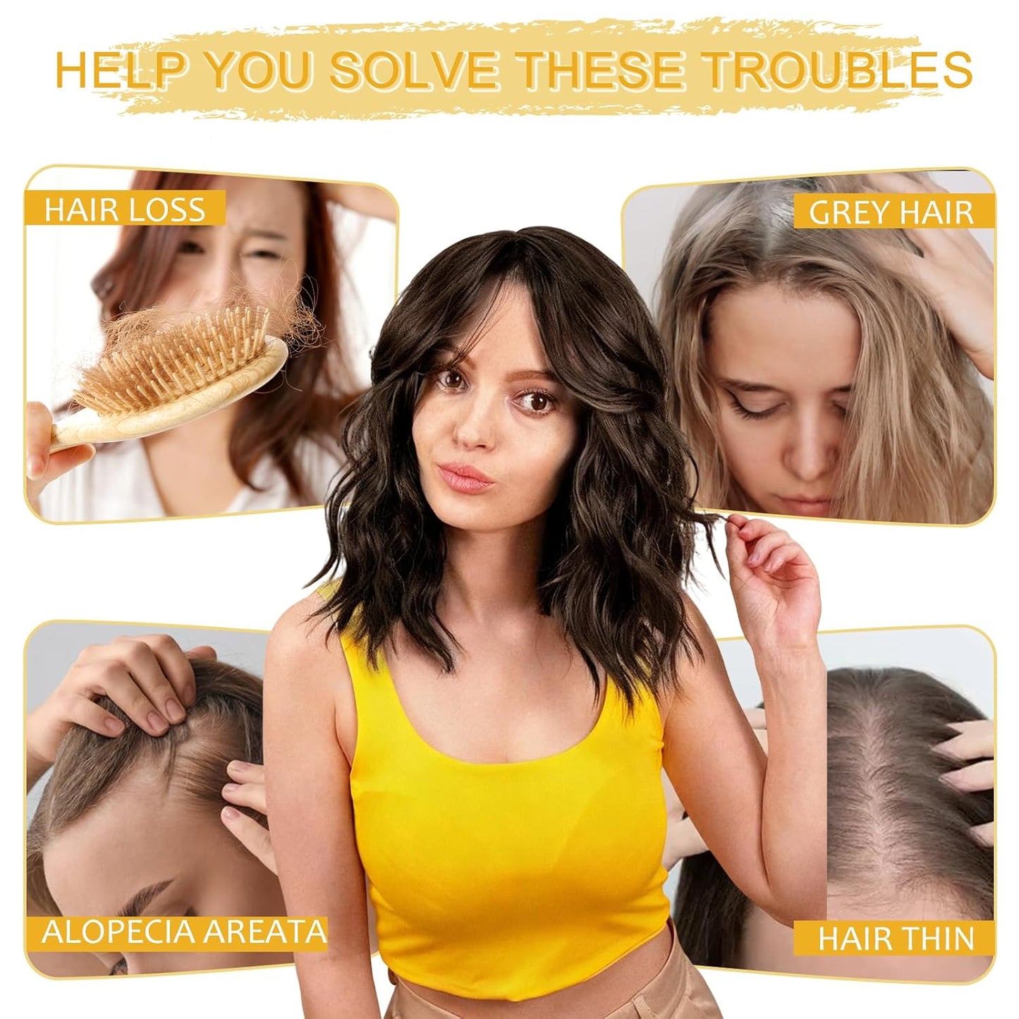Hair Toppers for Women - 14 Inch 360° 3D Synthetic Curly Wavy Clip-In Bangs | Brown Black