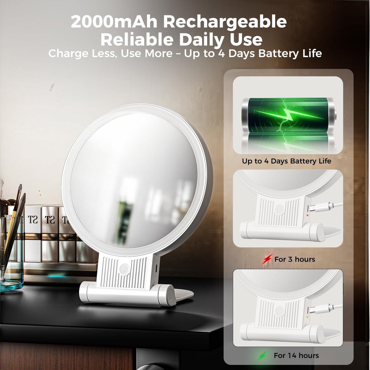 tubbede 1X/30X Lighted Makeup Mirror with Magnification, Double-Sided Switch, 3-Color Lights, 2000mAh Rechargeable, Adjustable Brightness for Vanity Table or Bathroom (White)