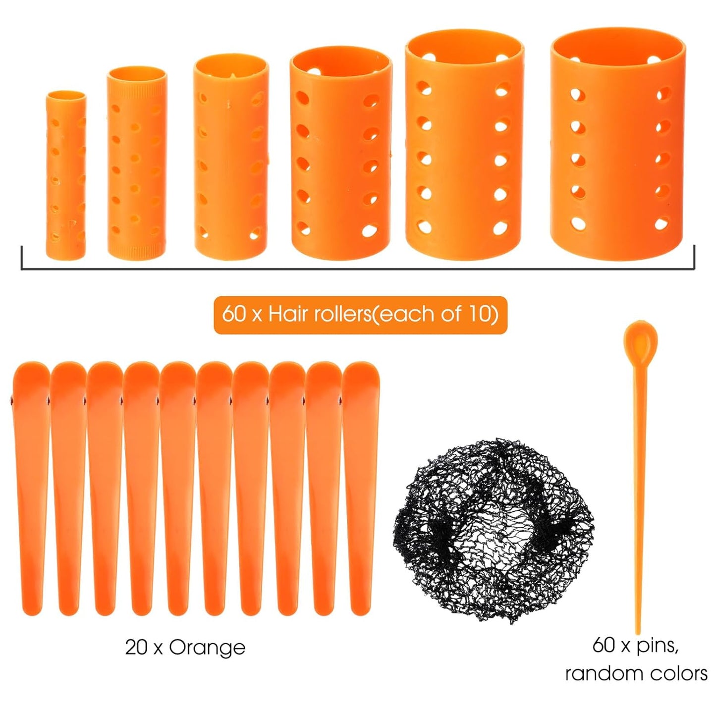 Hair Rollers Set - 141 Pcs Plastic Hair Rollers with Pins & Clips | Orange Color